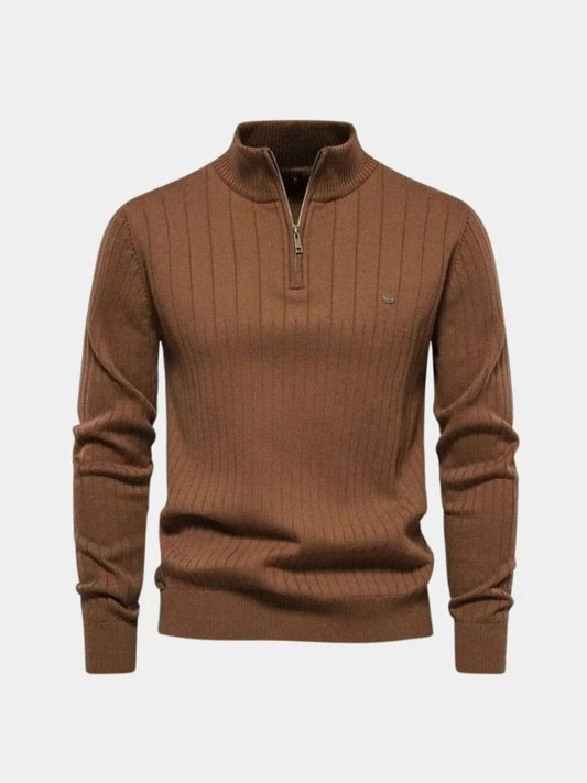 Cotton Knit Vertical Stripes Quarter-Zip Sweater