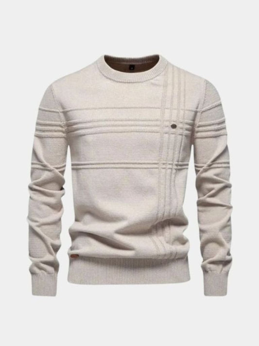 Cotton Knitted Striped Crew Neck Pullover Sweater 